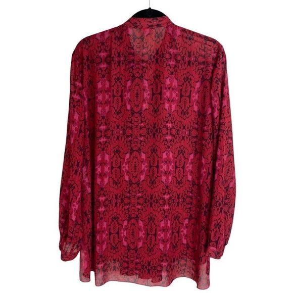 Chico's Red Feminine Damask Ruffle-Front Semi Sheer Long Sleeve Blouse Size 3/XL - Picture 2 of 9
